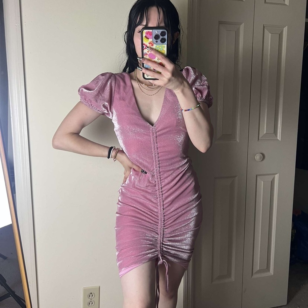 Pink Privacy Please Ruched Drawstring Sylvie Mini Cleavage Dress Small - Picture 2 of 9